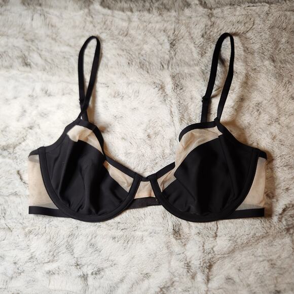 Victoria's Secret Black and Beige Mesh Unlined Luxe Lingerie Demi Bra 32D - Picture 1 of 7
